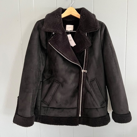 NWT Ann Taylor LOFT Jacket Black Faux Suede Sherpa Fleece Lined Moto - Picture 1 of 12